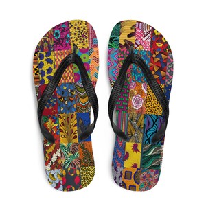 May include: A pair of flip-flops featuring a vibrant patchwork design composed of various colorful geometric, floral, and abstract patterns in shades of yellow, blue, red, pink, and green. Each sandal has a solid black rubber thong strap.