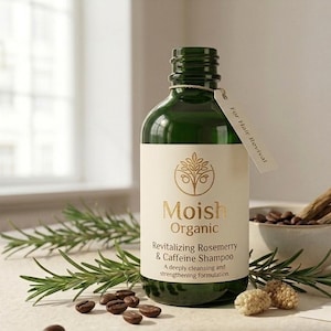 May include: A dark green glass bottle of Moish Organic Revitalizing Rosemerry & Caffeine Shampoo with a cream-colored label featuring gold text and a botanical logo. A small tag attached to the neck reads For Hair Revival, with rosemary sprigs and coffee beans.