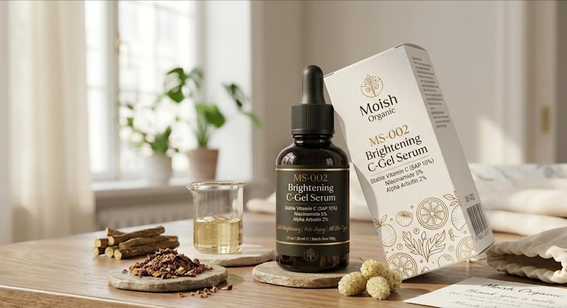 May include: A dark amber glass dropper bottle of Moish Organic MS-002 Brightening C-Gel Serum with a black cap, accompanied by its white rectangular box. The label and box list Stable Vitamin C (SAP 10%), Niacinamide 5%, and Alpha Arbutin 2%.
