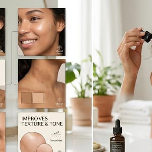 May include: A dark amber glass dropper bottle of facial serum labeled Moish Organic. The image includes informational panels detailing benefits: Brightens Complexion, Reduces Dark Spots, Anti-Aging Effects, and Improves Texture & Tone.