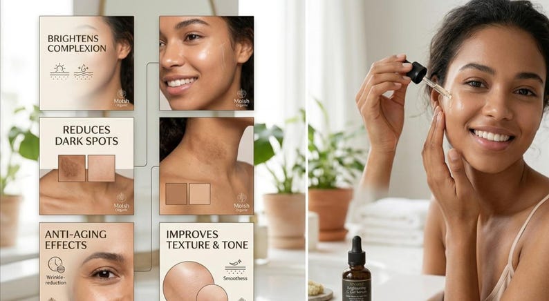 May include: A dark amber glass dropper bottle of facial serum labeled Moish Organic. The image includes informational panels detailing benefits: Brightens Complexion, Reduces Dark Spots, Anti-Aging Effects, and Improves Texture & Tone.