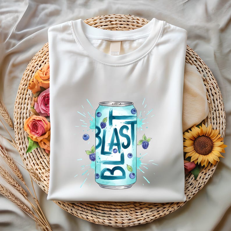 May include: White t-shirt with a teal soda can design, the word "BLAST" in white. The can is decorated with blueberries and teal splashes. The shirt is displayed on a woven basket with flowers and a sunflower.
