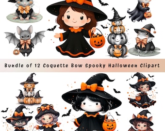 Coquette Halloween Clipart Bundle: Spooky Bows, Pumpkins (PNG Digital Download)