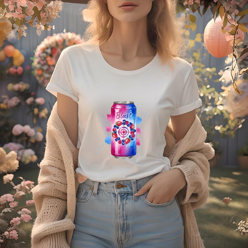 May include: White t-shirt with a colourful graphic of a beverage can. The can design features the word "Blast" and a target design with berries. The shirt is paired with blue jeans and a beige cardigan.