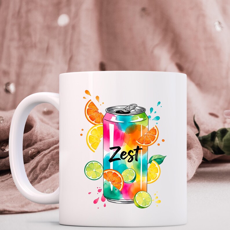 May include: White ceramic mug with a vibrant design of a soda can, the word "Zest" is displayed on the can. The can is decorated with orange, pink, green, and blue colours, and surrounded by citrus fruit slices. A refreshing drink theme.