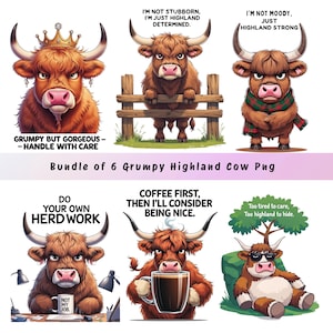 Grumpy Highland Cow PNG Bundle: Coffee Lover Sublimation Designs (Digital Download)