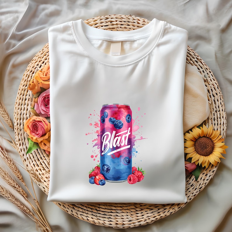 May include: White t-shirt with a vibrant graphic of a beverage can, the word "Blast" in a stylish font. The can design features blueberries and a splash of pink and blue. Fresh raspberries and blueberries are at the base of the can.