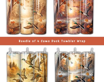 Paquete de 4 fundas para vasos con diseño de patos camuflados, diseño de sublimación para caza de aves acuáticas en otoño, descarga digital de camuflaje para cazadores de patos.