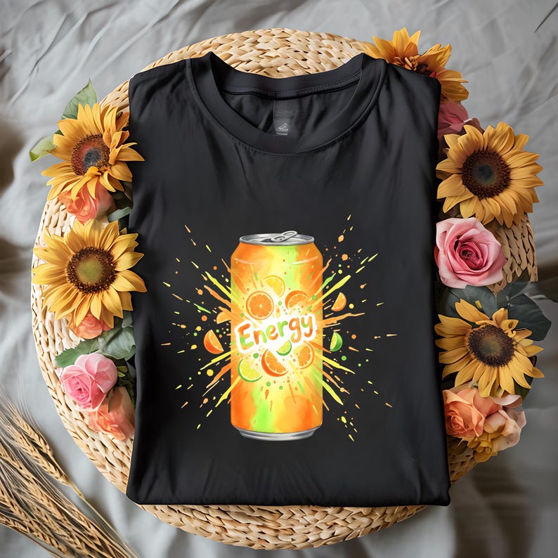 May include: Black t-shirt with a colourful graphic of an orange and green energy drink can, the word "Energy" is visible. The design includes citrus fruit slices and a burst effect. The shirt is surrounded by sunflowers and roses.