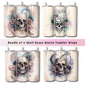 4 Skull Roses Hearts Tumbler Wrap, Gothic Skull 20 oz Skinny Straight Sublimation Tumbler Design, Spooky Skeleton PNG Digital Download