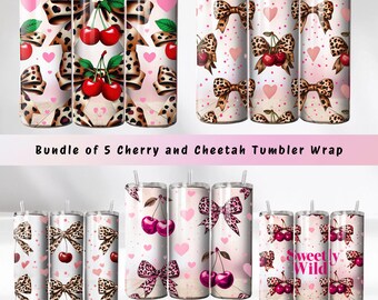 5 Cherry and Cheetah Tumbler wrap, Leopard Print Coquette 20 oz Skinny Tumbler Sublimation Design, Seamless Coquette Cherry Digital Download
