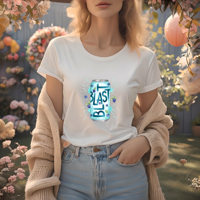 May include: White t-shirt featuring a blue soda can design with the word "BLAST" and blueberry illustrations. The shirt is worn with blue jeans and a beige cardigan. The background includes flowers and a pink paper lantern.