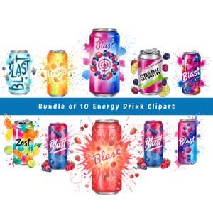 May include: A collection of 10 energy drink clipart images. The cans are illustrated with vibrant colours and fruit designs. The cans are labelled with the words "Blast", "Energy", "Spark", and "Zest". The designs include berries, citrus fruits, and watercolour splashes.