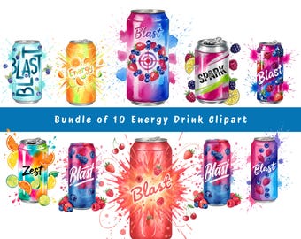 Bundle of 10 Energy Drink Clipart PNG Bundle, Flavored Sparkling Energy Drink Clip Art Set, Cute Drinks Sublimation Designs