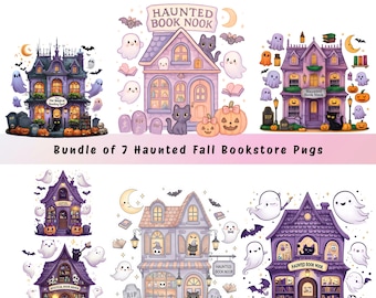 May include: A collection of seven whimsical illustrations featuring haunted bookstores, pumpkins, ghosts, bats, and cats. The text "Haunted Book Nook" and "The Magical Reading Spot" are visible. The phrase "Bundle of 7 Haunted Fall Bookstore Pugs" is also present.