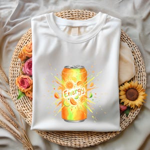 May include: White t-shirt with a colourful graphic of an orange and green energy drink can, with the word "Energy". The design includes citrus fruit slices and bursts of colour, suggesting a refreshing drink.
