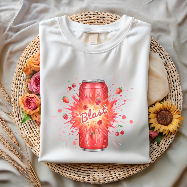 May include: White t-shirt with a red soda can design and the word "Blast". The design includes strawberries, raspberries, and cherries. The shirt is folded on a woven basket. The design is in a watercolor style.