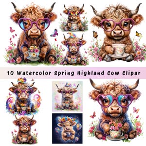 10 Watercolor Spring Highland Cow Clipart Set, Baby Cow Clipart Bundle, Easter Spring Highland Cow Clipart Bundle, Easter Sublimation Design