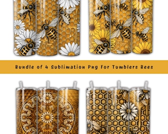 Paquete de 4 envoltorios para vasos con diseño de panal de abeja, vaso delgado de 20 oz con diseño de abejorro, descarga digital PNG, diseño de colmena, para amantes de las abejas