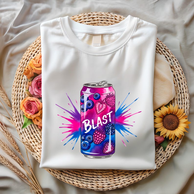 May include: White t-shirt with a vibrant graphic of a soda can, the word "BLAST" is printed on the can. The can design includes blueberries, strawberries, and raspberries, with a pink and blue splash effect. The shirt is on a woven basket.