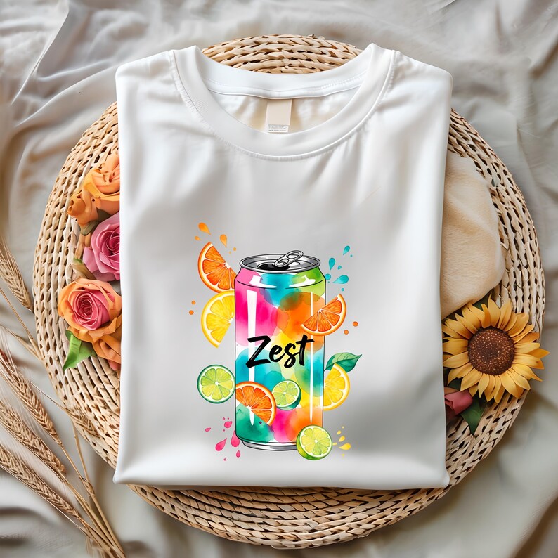 May include: White t-shirt with a vibrant graphic of a soda can, the word "Zest", and watercolour illustrations of citrus fruit slices. The shirt is displayed on a woven tray, with floral and sunflower accents. The design features oranges, lemons, and limes.