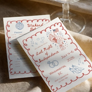 4th of July Bachelorette Weekend Itinerary Invitation Editable Template Bach Party Invite Last Day of Independence Patriotic Red Blue Doodle