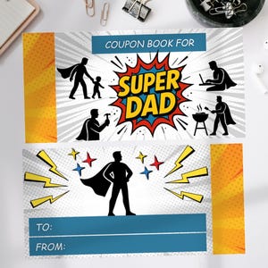 Lustiges Gutscheinbuch für Papa - Druckbares Comic Art Style Gutschein für Vater- Kinder Last Minute Einzigartiges Geburtstagsgeschenk für Super Papa