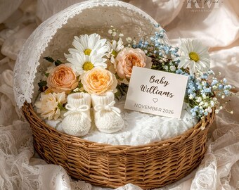Pregnancy Announcement Editable Spring Baby Reveal Canva Template Gender Neutral Boho Floral Basket Digital