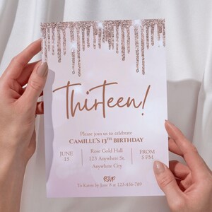 Editable 13th Birthday Invitation Template Rose Gold Official Teenager Girl Teen Party Pink Thirteenth Invite with Glitters Digital Download