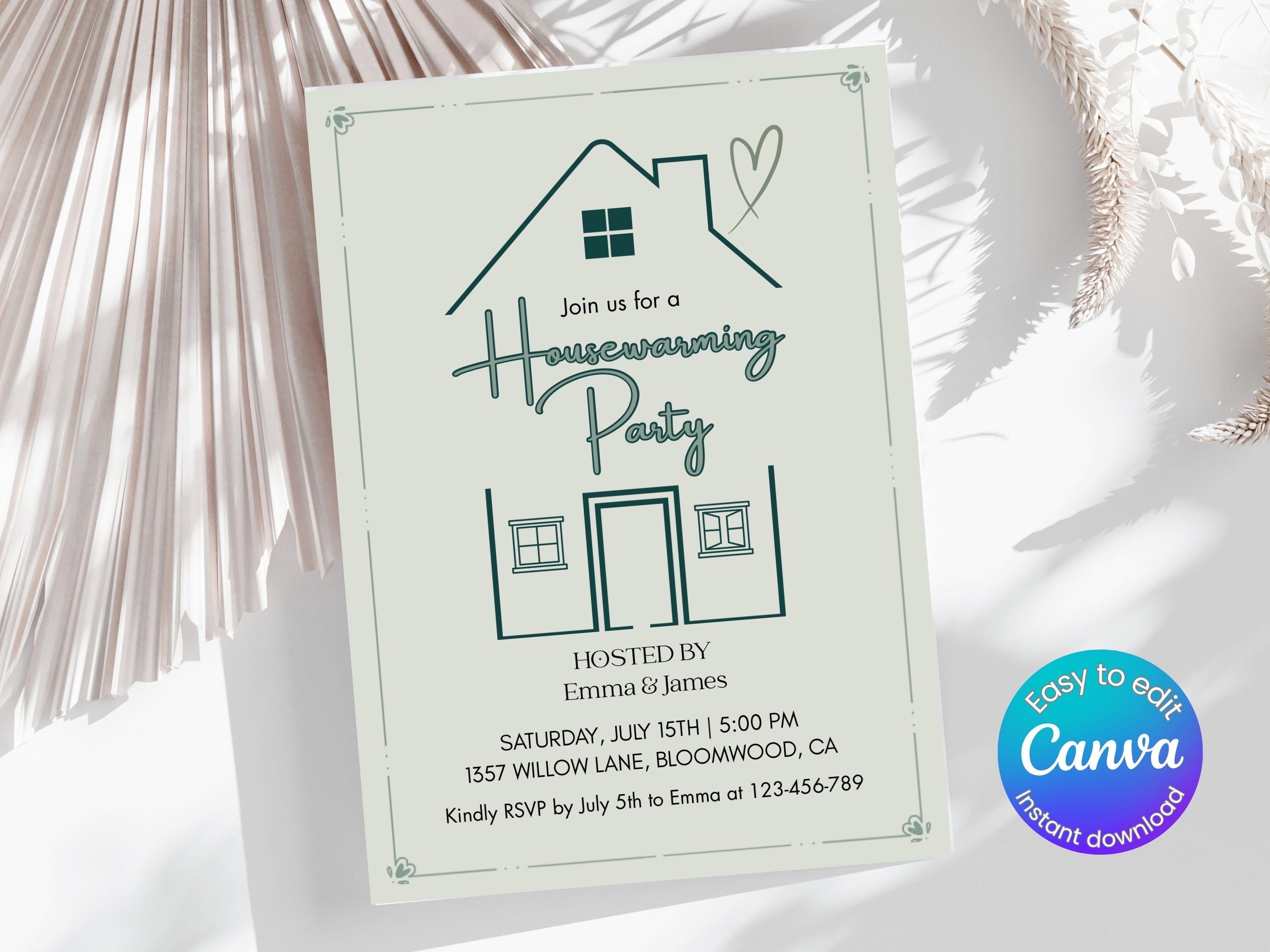 Editable Housewarming Party Invitation Template, Printable Sage Green ...