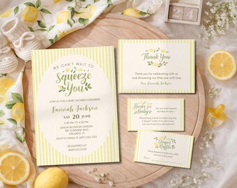 Lemon Baby Shower Invitation Bundle, "We Can't Wait to Squeeze You" Theme (Canva Template)
