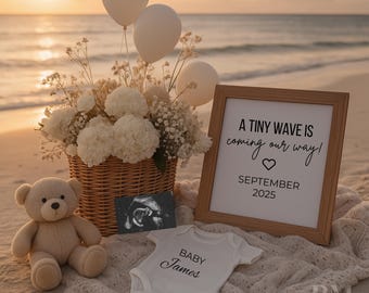 Sunset Beach Pregnancy Announcement Gender Neutral Outdoor Summer Social Media Baby Reveal Beach Sand Baby Announcement Template