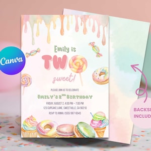 Zwei süße Geburtstagseinladungen Vorlage - 2nd Birthday Girl Invite Dessert Theme - Pastel Ice Cream Donut Candy Party - Instant Download
