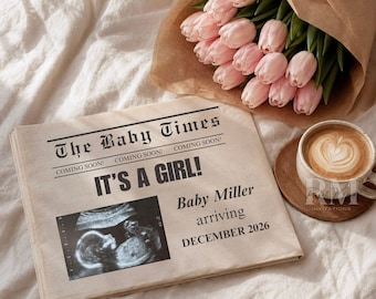Baby Girl Pregnancy Announcement Canva Template Editable Newspaper, Ultrasound Announcement, Gender Reveal Download