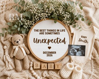 Unexpected Pregnancy Announcement Simple Social Media Reveal Neutral Editable Canva Template
