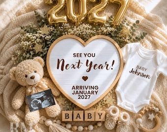 2027 Baby Announcement Template, Boho New Year Pregnancy Reveal (Digital Download)