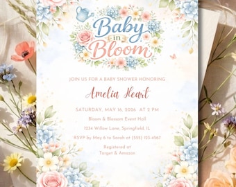 Baby in Bloom Baby Shower Invitation Editable Canva Template, Floral Baby Shower Invite, Garden Theme, Gender Neutral Pastel