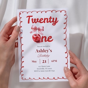 Modèle de toile d'Invitation cerise 21e anniversaire, invitation d'anniversaire coquette noeud rose modifiable pour les filles, invitation numérique fantaisiste vingt et un