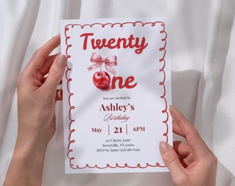 Cherry 21st Birthday Invitation Canva Template, Editable Pink Bow Coquette Birthday Invite for Girls, Whimsical Twenty One Digital Invite