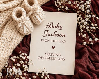 Minimalist Pregnancy Announcement Neutral Digital | Burgundy Autumn Baby Reveal | Editable Canva Template