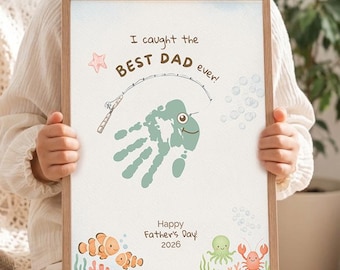 DIY Father's Day Handprint Craft Printable Last Minute Kids Gift for Dad Fishing Keepsake