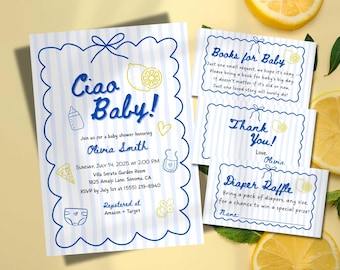 Plantilla de invitación "Ciao Baby Lemon", invitación editable para baby shower italiano, descarga digital con diseño dibujado a mano de "Ciao Bambina".