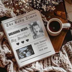 May include: A newspaper with the headline "The Baby Times" announces "BREAKING NEWS: Oliver is going to be a Big Brother!" A photo of a child is included. The paper also states "Baby Samuel is expected to arrive in MAY 2026."