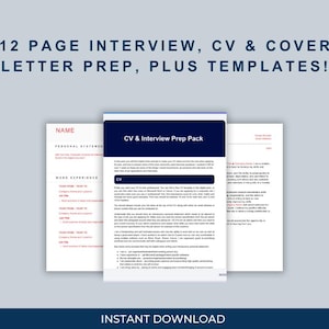 Op de afbeelding: Een 12-pagina tellend voorbereidingspakket voor sollicitatiegesprekken, cv's en sollicitatiebrieven met sjablonen. Het document heeft een donkerblauwe koptekst met de titel CV & Interview Prep Pack, witte tekst op een lichte achtergrond en secties voor persoonlijke verklaringen.