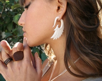 Nava Wings Bone - Fake Gauges, Fake Plugs, Handmade Bone Earrings, Tribal Style