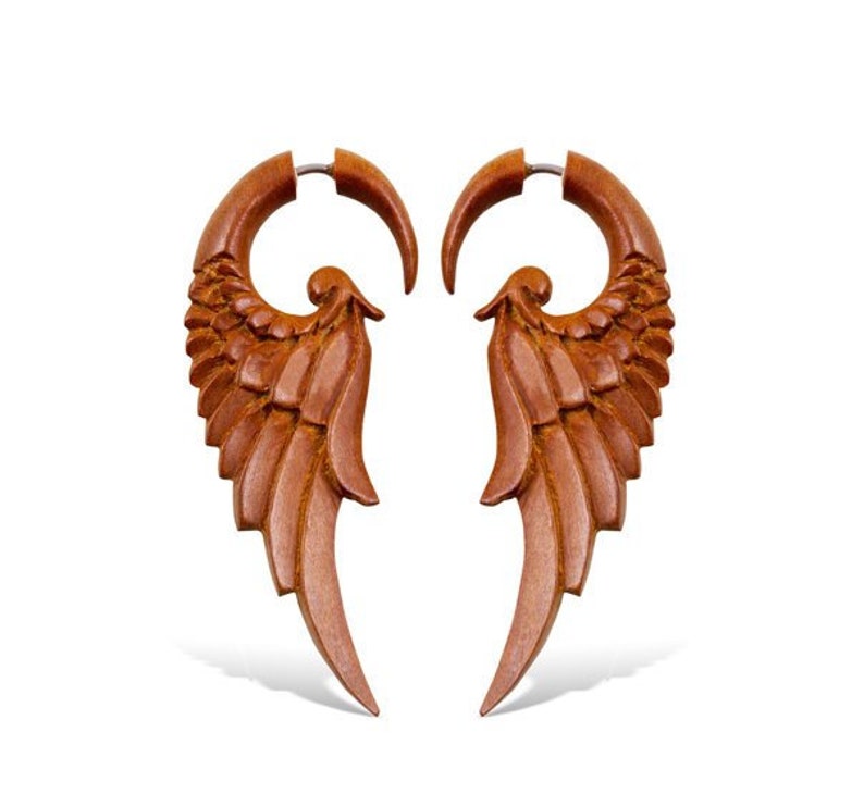 Forest Wings S/Tan Fake Gauges, Wooden Earrings image 1