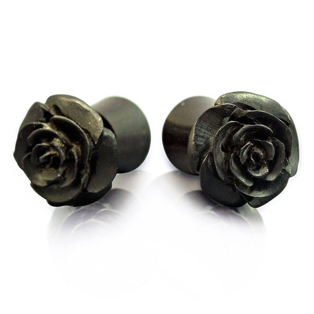 Rose Faux Plugs Horn Earrings - Fake Plugs Hand Carved from Salvaged …