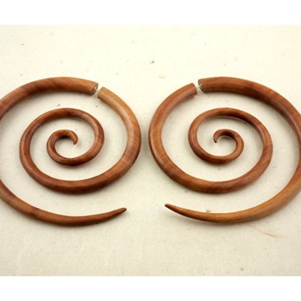 XL Double Spirals Tan Wood - Fake Gauges, Handmade, Wood Earrings, Cheaters, Organic, Plugs, Splits