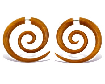 Double Spirals M/Tan - Fake Gauges, Wooden Earrings