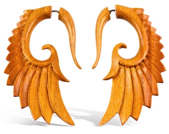 Nava Wings M/Tan - Fake Gauges, Wooden Earrings